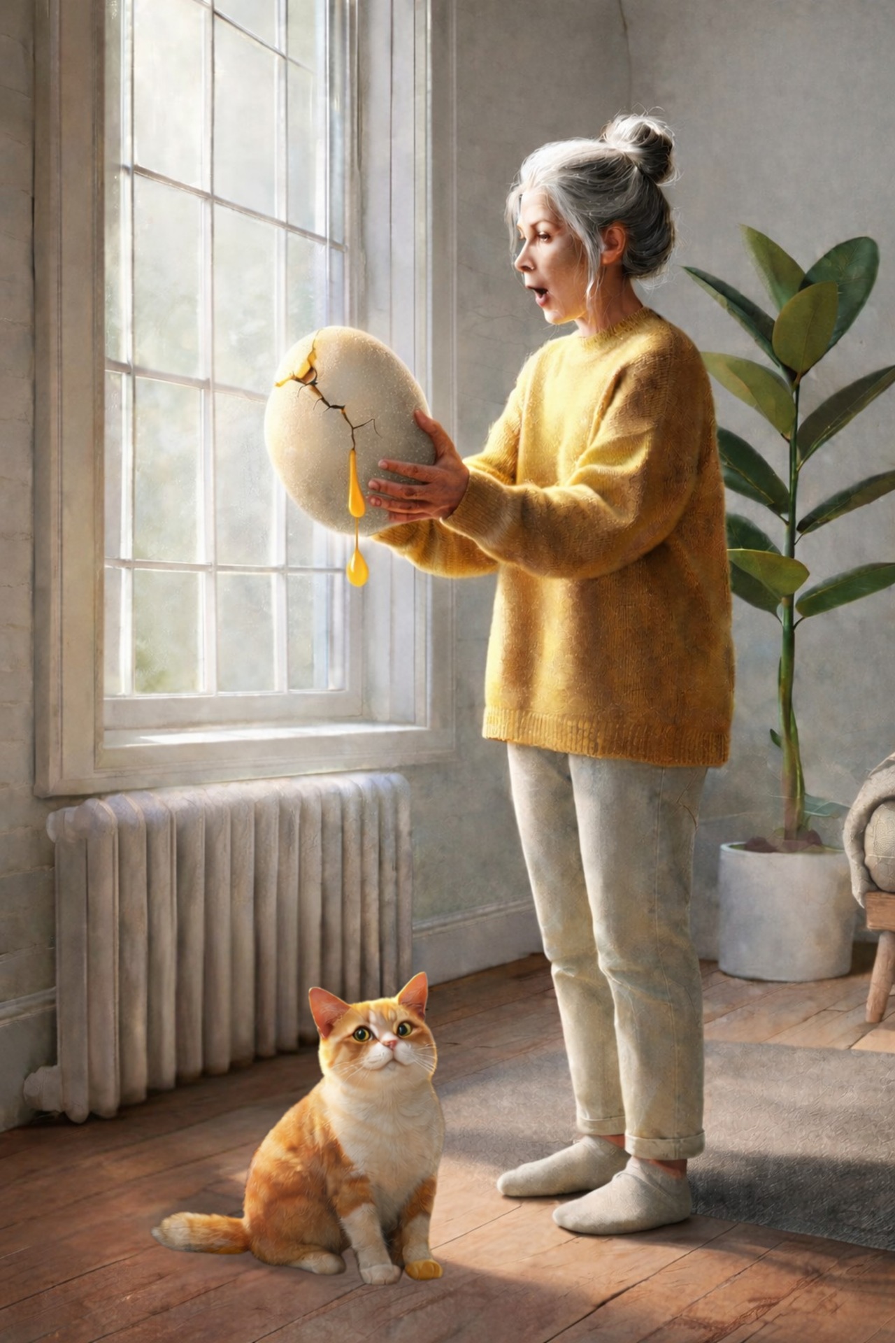 Das Bild zeigt eine Lektorin mit einem großen Ei in der Hand. Das Ei deutlich zu sehene Risse. Die Katze daneben macht ein bereuendes Gesicht. KI-generiert.